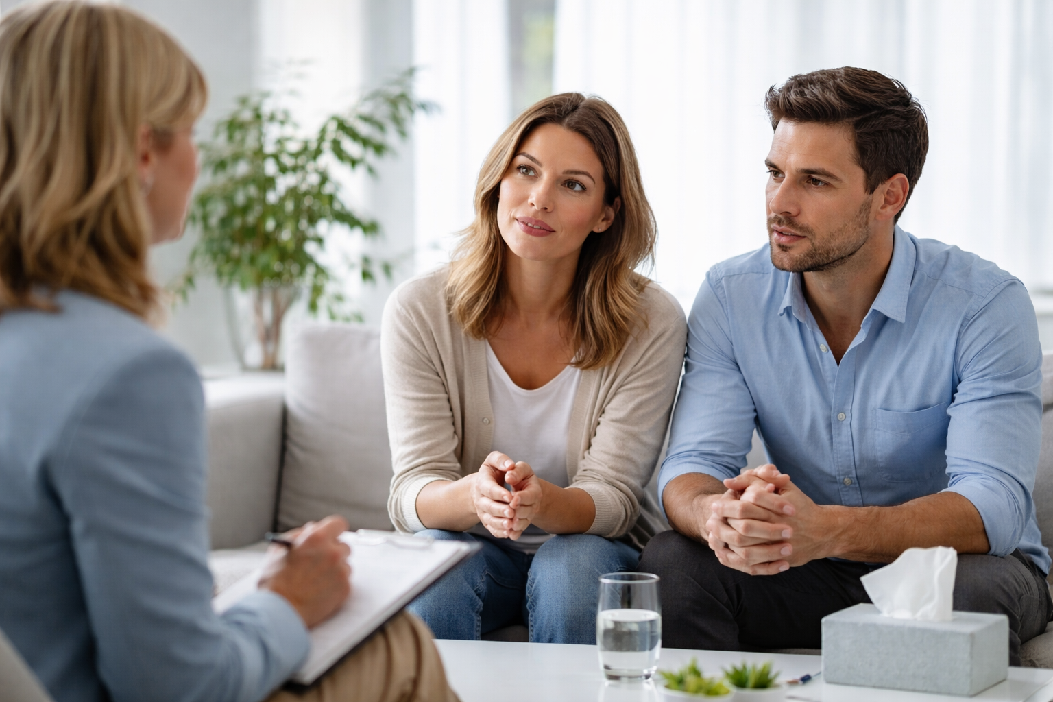 Illustration of two people sitting at a table, having a calm conversation