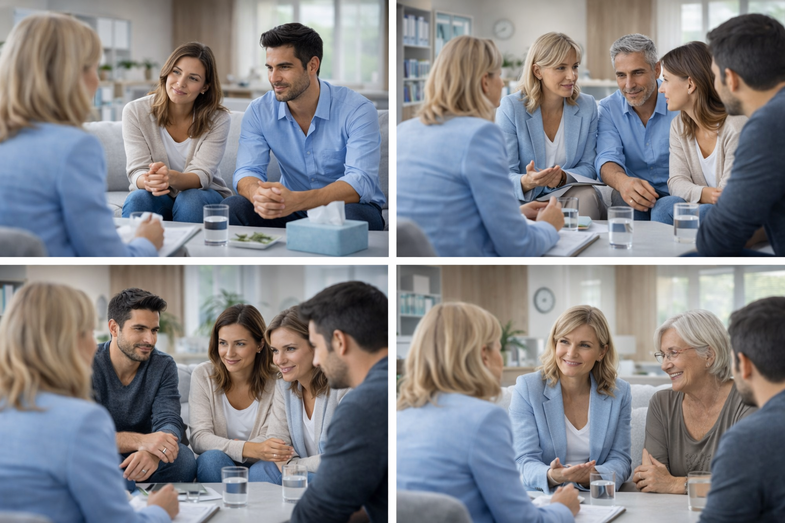 Illustration of a mediator facilitating a conversation between two family members